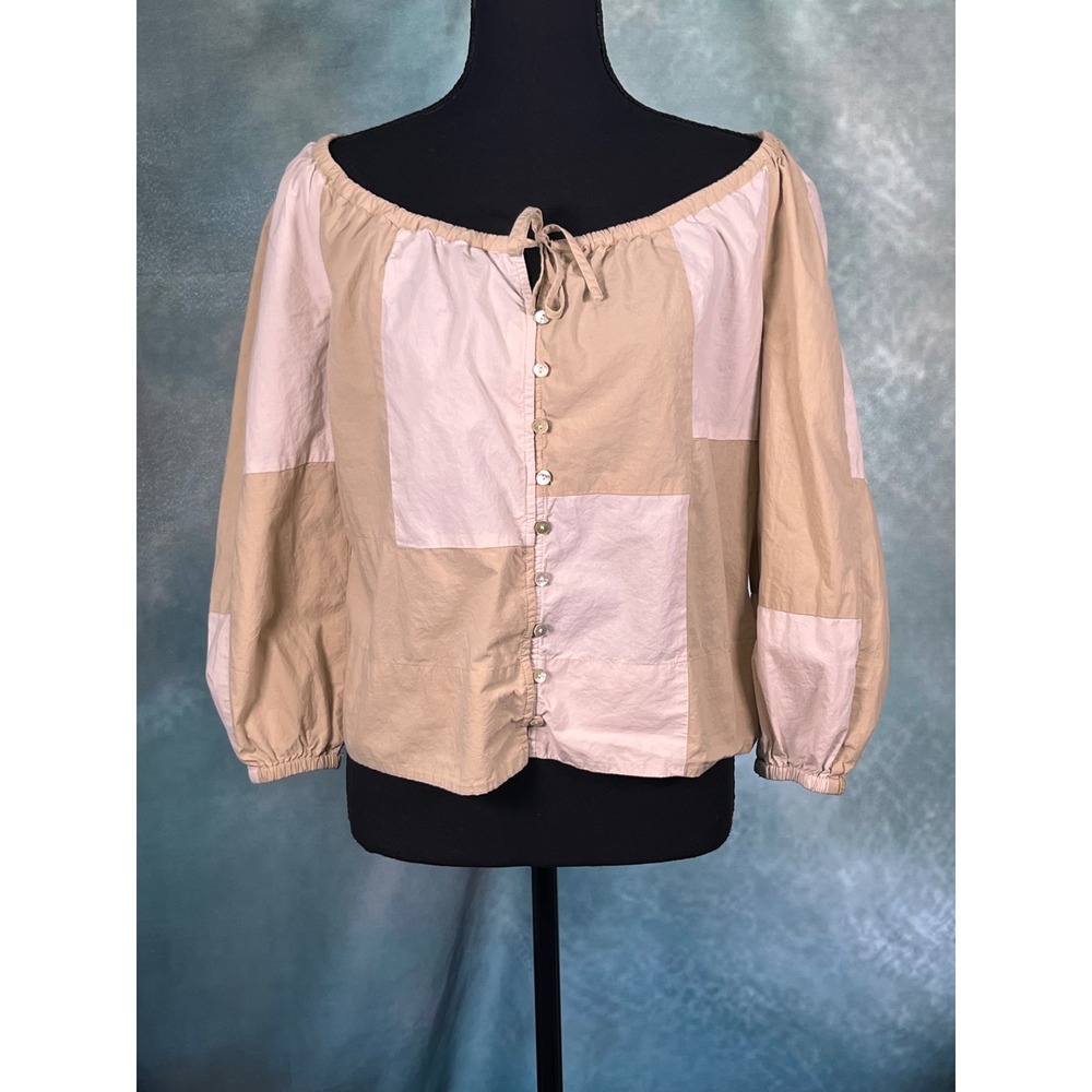Madewell Patchwork Button Front Top XS Tan Cream Cotton Puff Sleeve Blouse